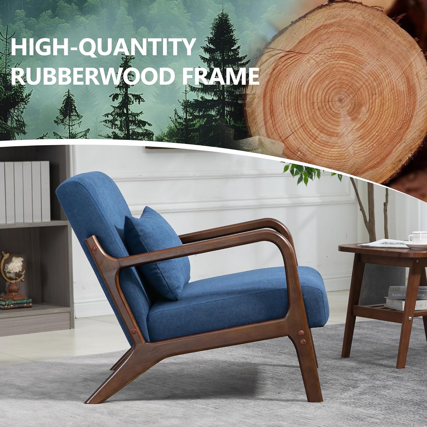 MOONMISS Mid-Century Modern Accent Chair, Velvet Fabric Arm Chair with Wood Frame and Pillow, Upholstered Armchair Comfort Reading Chair Lounge Chair for Living Room Bedroom Sunroom,Blue