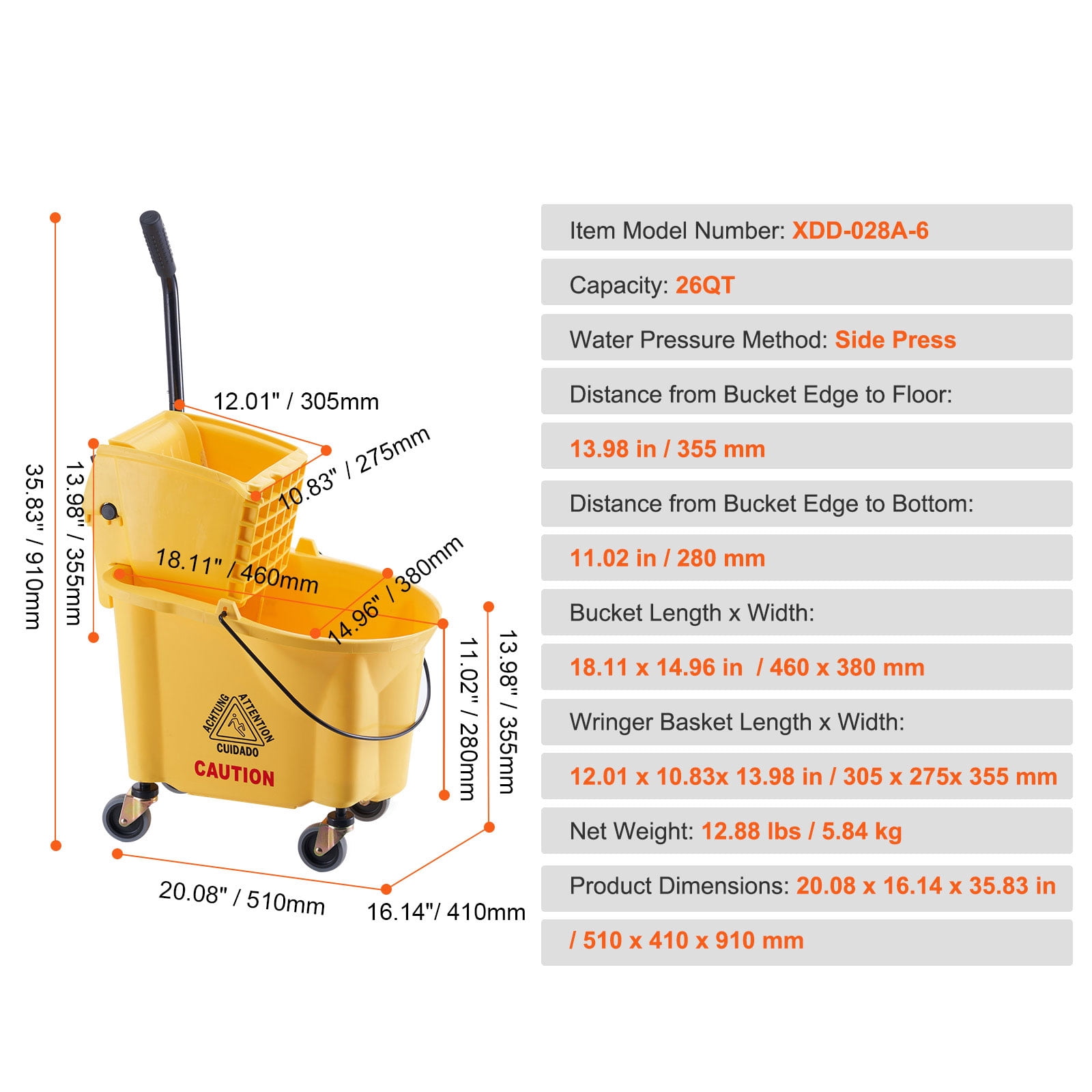 KFFKFF Commercial Mop Bucket with Wringer 26 Qt. Rolling Floor Cleaning Trolley