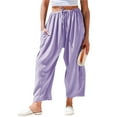 thumbnail image 4 of WCMZJ Womens Linen Wide Leg Pants Casual Loose Drawstring Summer Beach Travel Vacation Palazzo Harem Pants with Pockets Purple S, 4 of 9