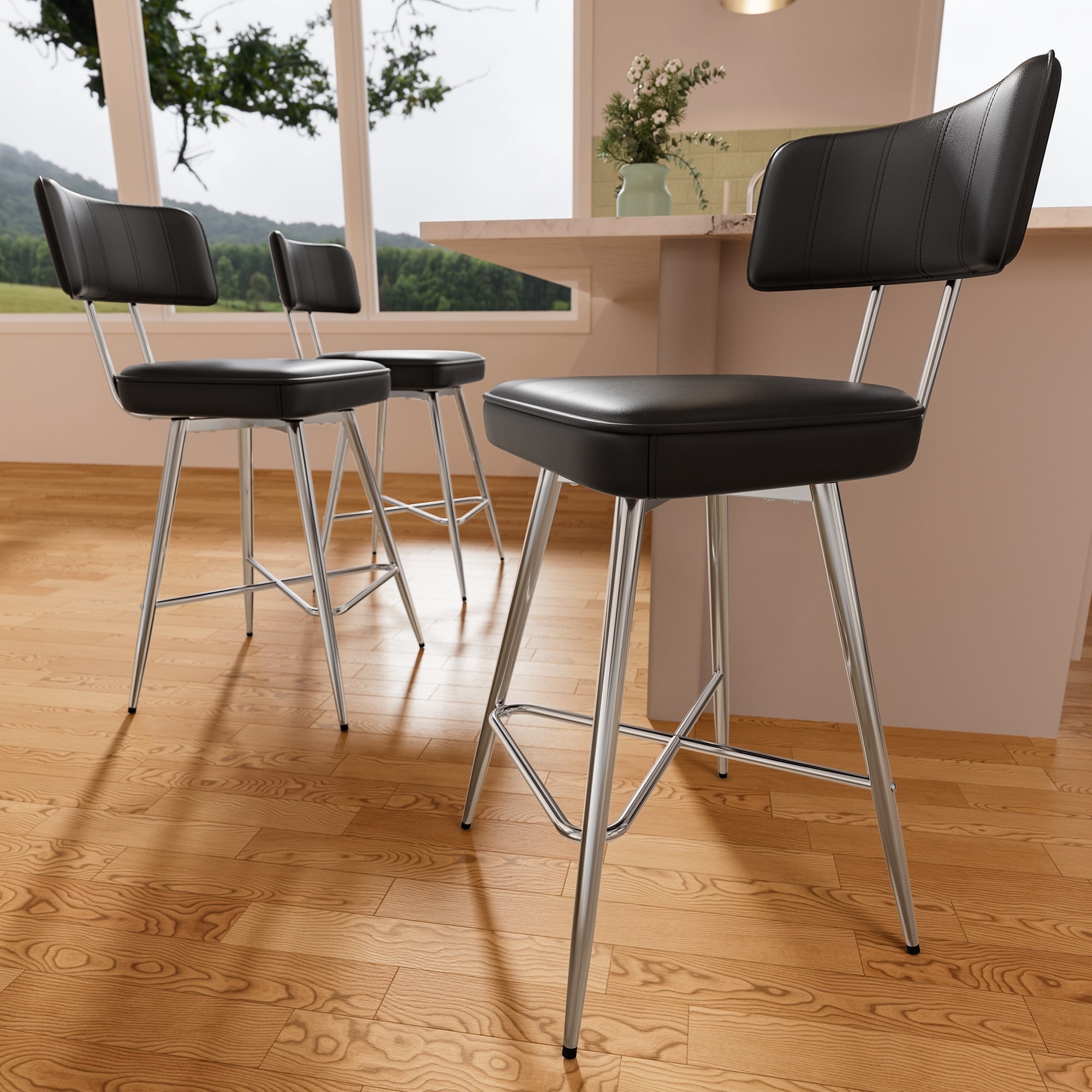 Ninecer Bar Stools Set of 3, Kitchen Counter stools with Backs and Metal Legs, 26" Black Leather Swivel Barstools for Counter Height