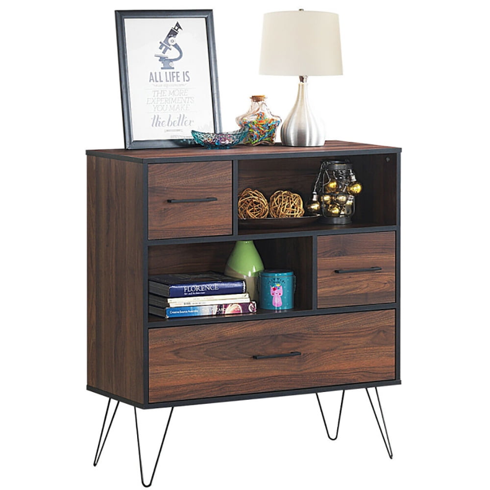 Finihen Storage Cabinet, 3-Tier Wood Storage Cabinet with Drawers and 4 Metal Legs, Cabinet for Living Room, Home, Office, Entryway, Brown