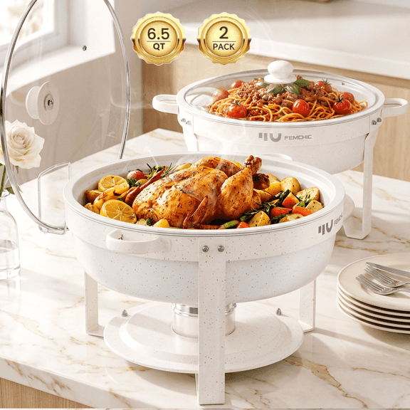 FEMCHIC 6.5QT Chafing Dish Buffet Set 2 Pack, White Maifanite-Coated Stainless Steel Round Buffet Server Food Warmer w/ Glass Lid & Lid Holder for Parties Catering Events Weddings Banquets