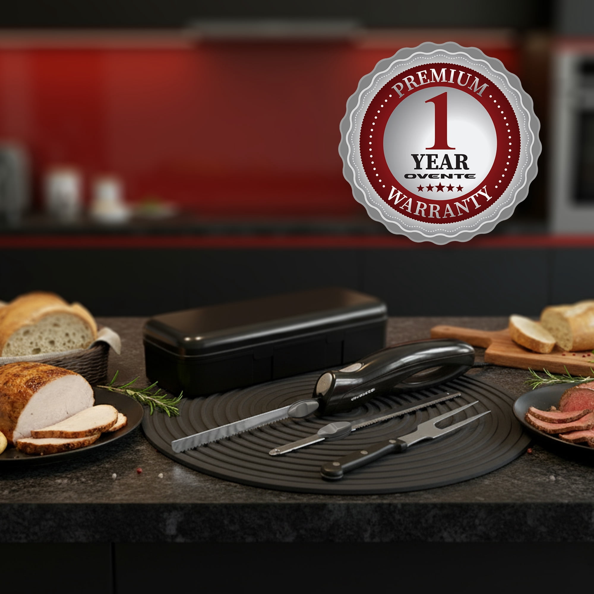 OVENTE Electric Knife Set with Two Serrated Stainless Steel Blades, Carving Fork, Storage Case, Safety Lock Button and Ergonomic Handle for Slicing Meat, Bread, Poultry, Fish and More, Black EK0813B