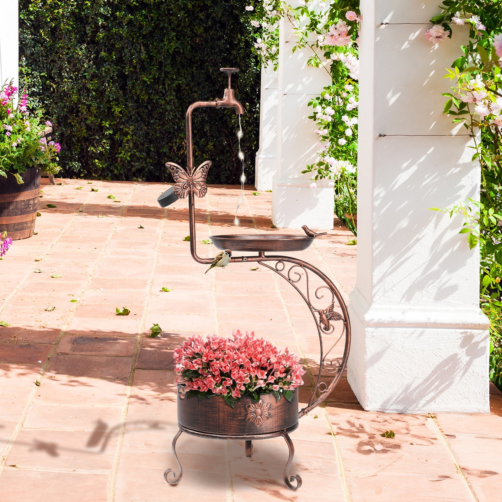 Ktaxon 36 Inch Height Garden Bird Bath for Outdoors, with Solar Lamp and Flower Planter Pedestal Standing Bird Feeder, Bronze