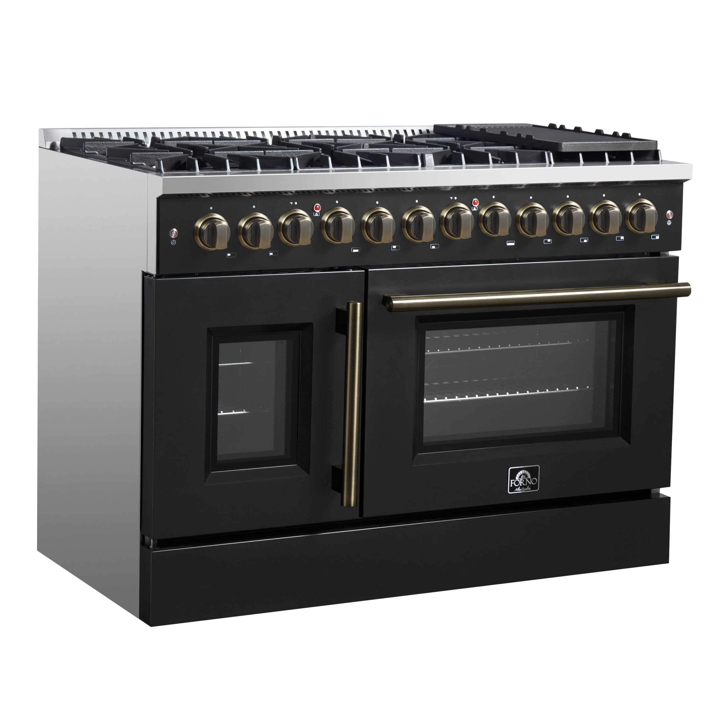 Forno Galiano 48-inch French Door Dual Fuel Range, Black  Antique Brass Design, 8 Sealed Burners - 107,000 BTU, Griddle, 6.58 cu.ft. Double Ovens