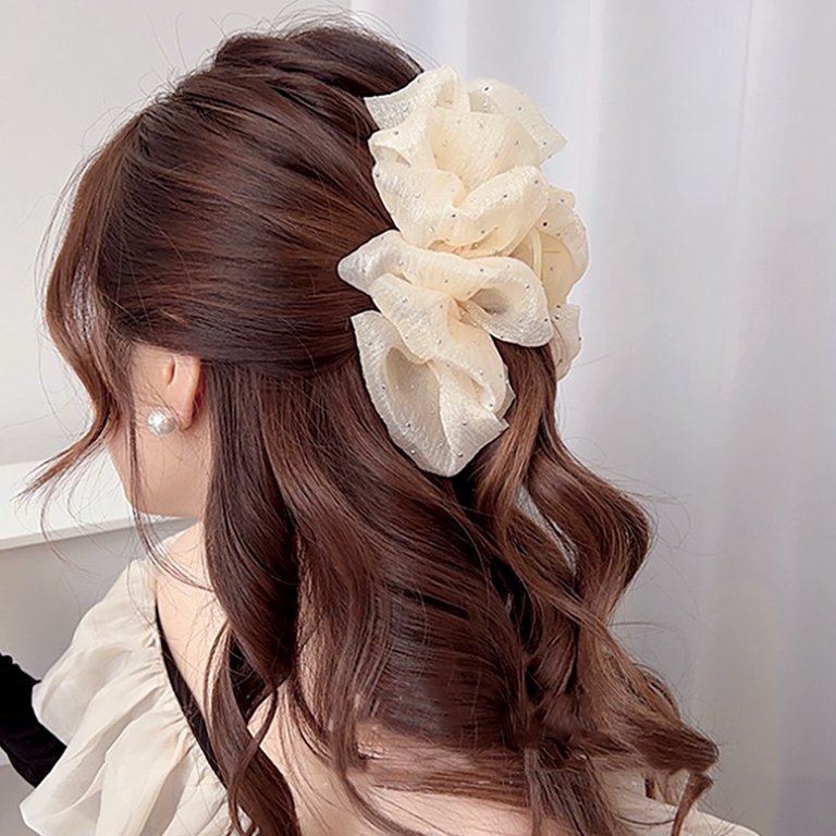 韓国発【TATIANA】Big Boutique Ribbon Hair claw clip☆ Beige Mesh Tulle Bow Hair Claw Clips, Solid Color Rhinestone