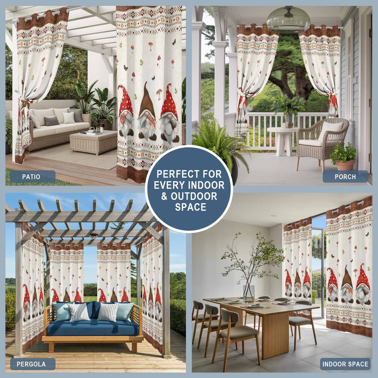 Outdoor Curtains for Patio Waterproof, Boho Gnomes Windproof Pravicy Outside Porch Blackout Curtain, Farmhouse Vintage Geometric Mushroom Brown Sun Blocking Grommets Curtains for Cabana 54"x108"