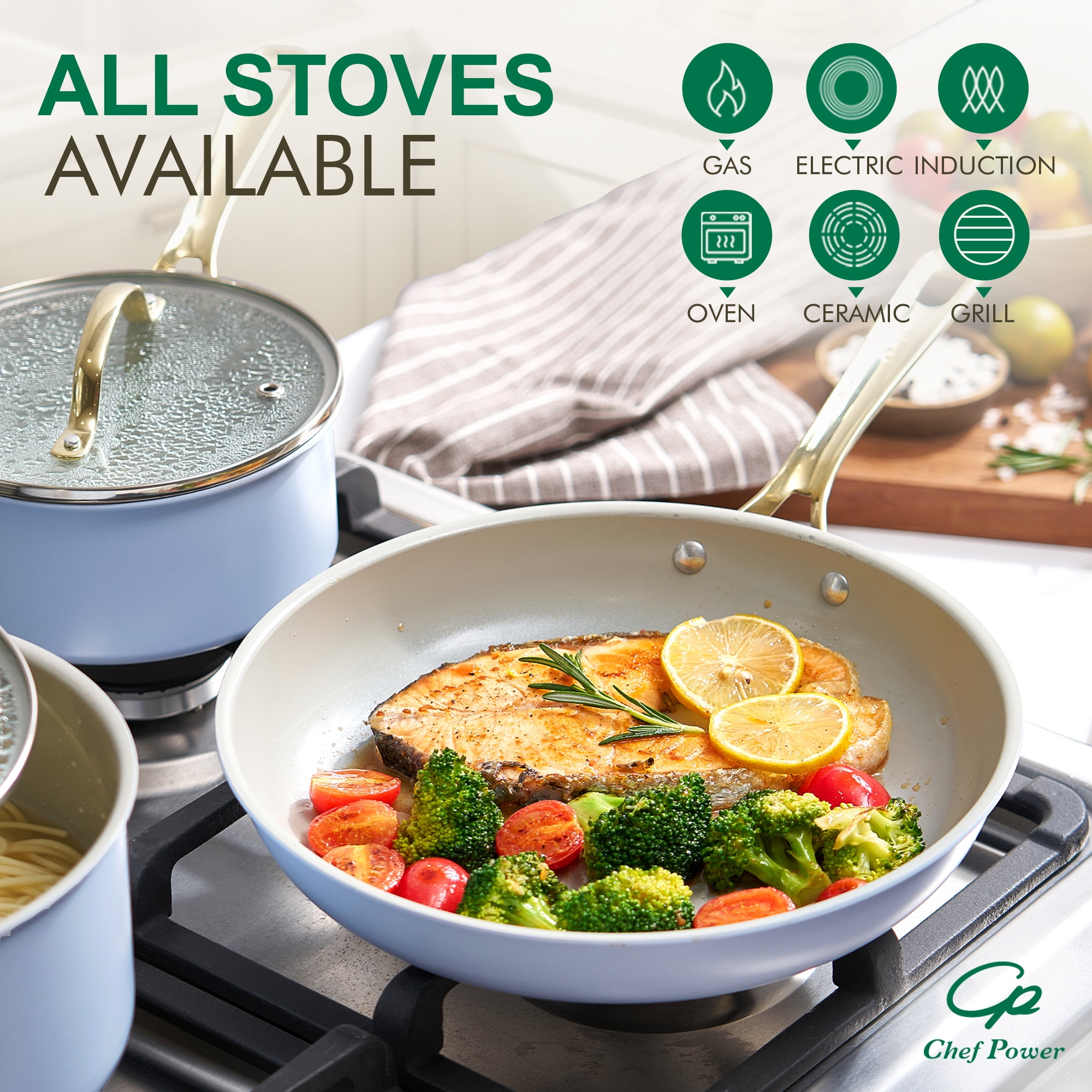 Chef Power 10 Pcs Ceramic Non Stick Cookware Sets, Pots and Pans Set with Stainless Steel Handle, Dishwasher and Oven Safe, Blue Gray with Light Gold Handle