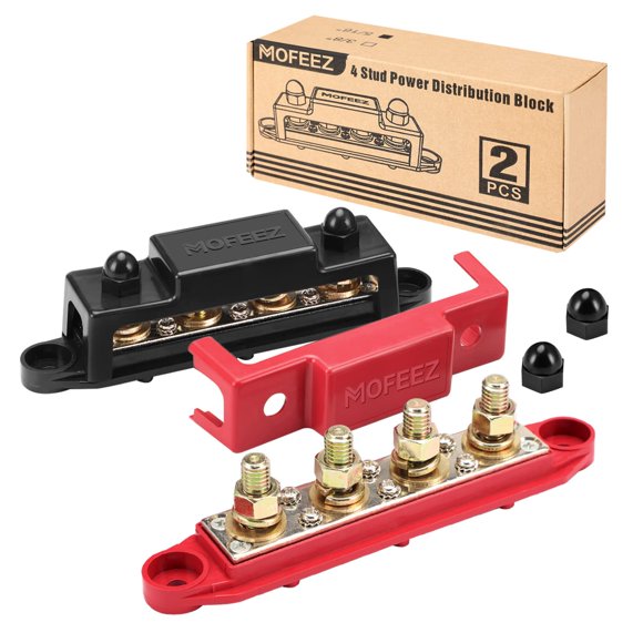 Mofeez Power Distribution Block Bus Bar, 4 x 5/16" Posts, 6 x #8 Screws Terminals, Max 48V 250A (Pair, Red & Black)