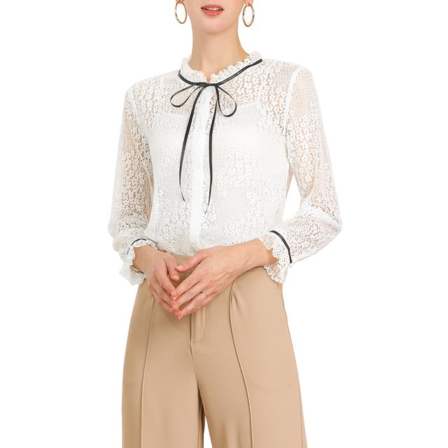 INSPIRE CHIC Women's Ruffled Collar Long Sleeve See Through Lace Button Down Shirt