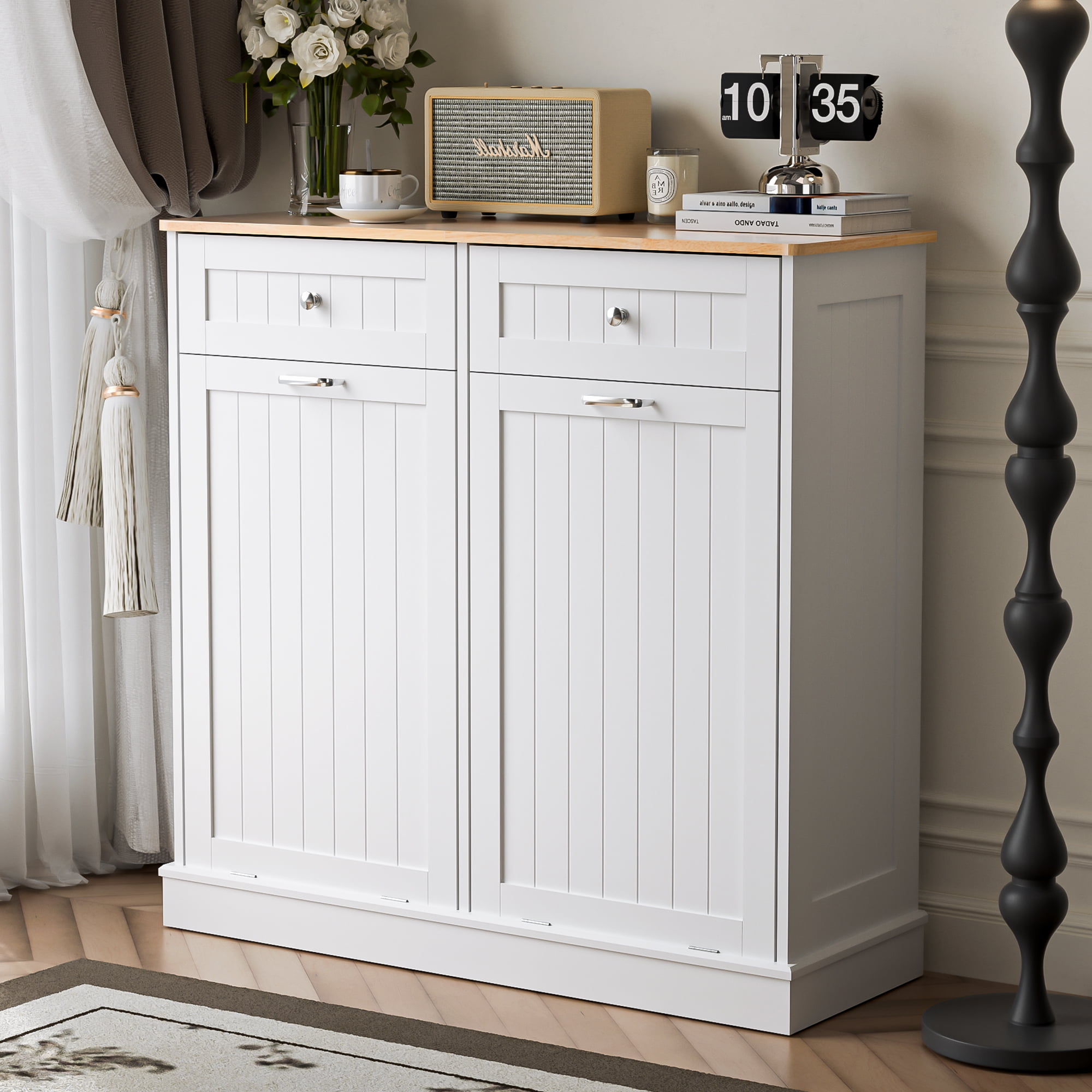 HARIPUL Double Tilt Out Trash Cabinet, 26 Gallon Trash Can Cabinet with Drawers & Handles for Kitchen, White/Light Brown Top