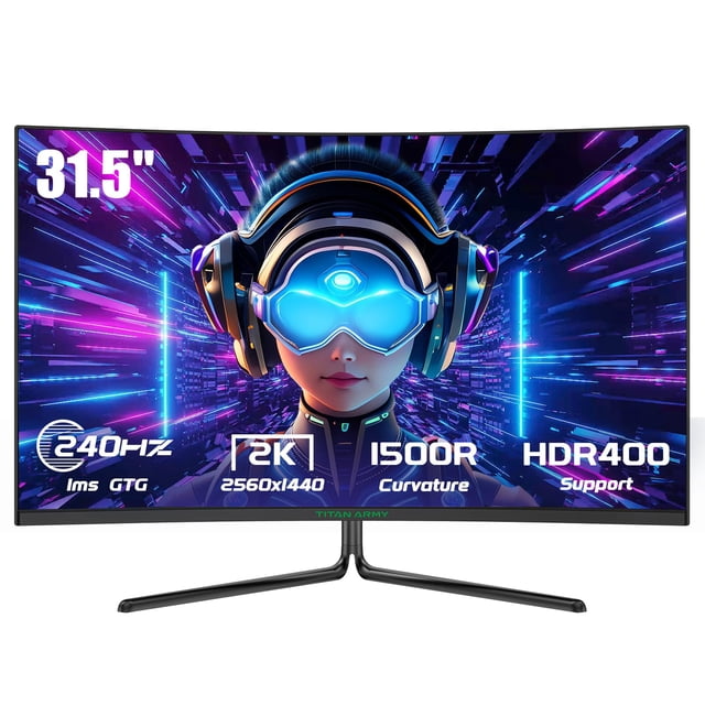TITAN ARMY Monitor para juegos curvo de 32 pulgadas, 240 Hz, 1440P, 2K QHD 2560 x 1440 1 ms, sincronización adaptativa, 1500R VA sin marco, 124% sRGB, HDMI 2.1, DisplayPort 1.4, HDR400, luz azul baja,