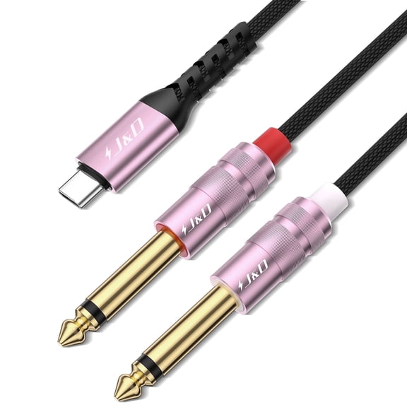 J&D USB-C to 1/4" Audio Splitter Cable, Dual 6.35mm TS Y Aux Cord, Compatible with Laptops, Rose Gold, 4 ft
