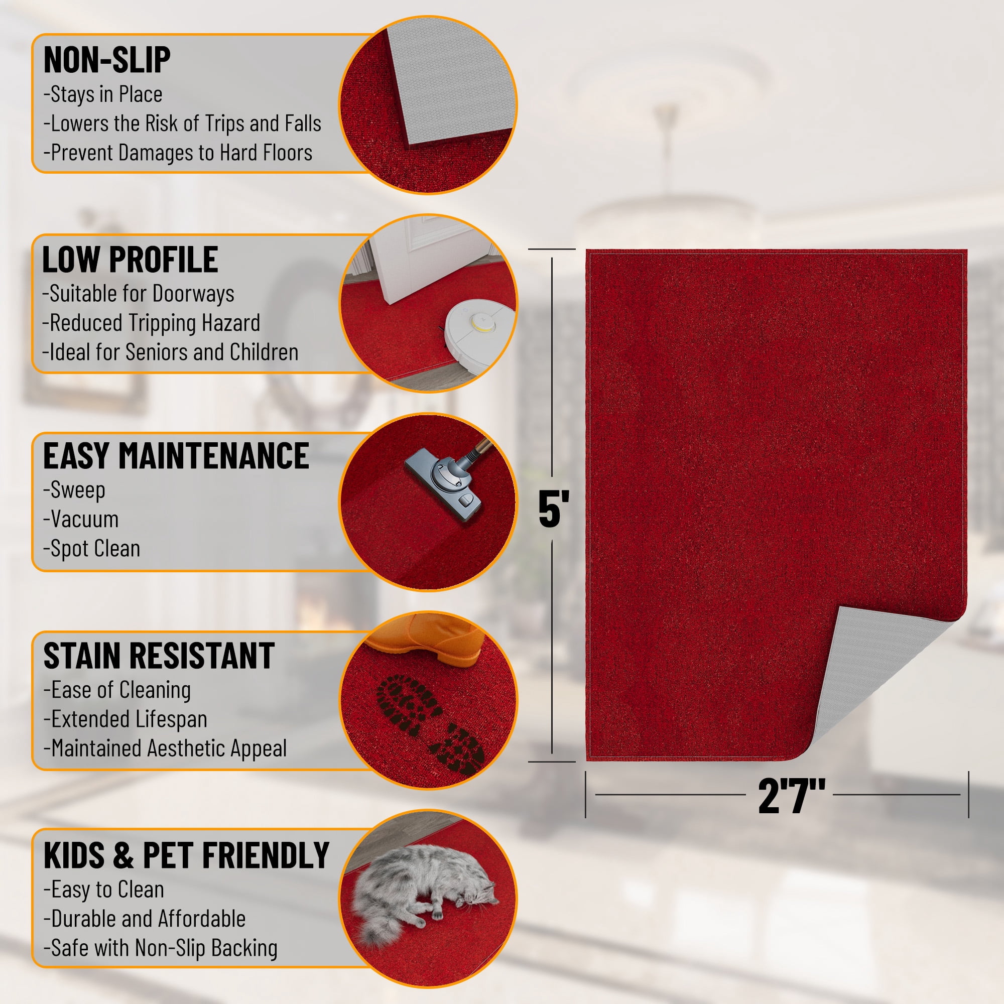 Ottomanson Non-Slip Area Rug for Living Room 2'7" x 5' Stain-Resistant Low Pile Floor Carpet, Red