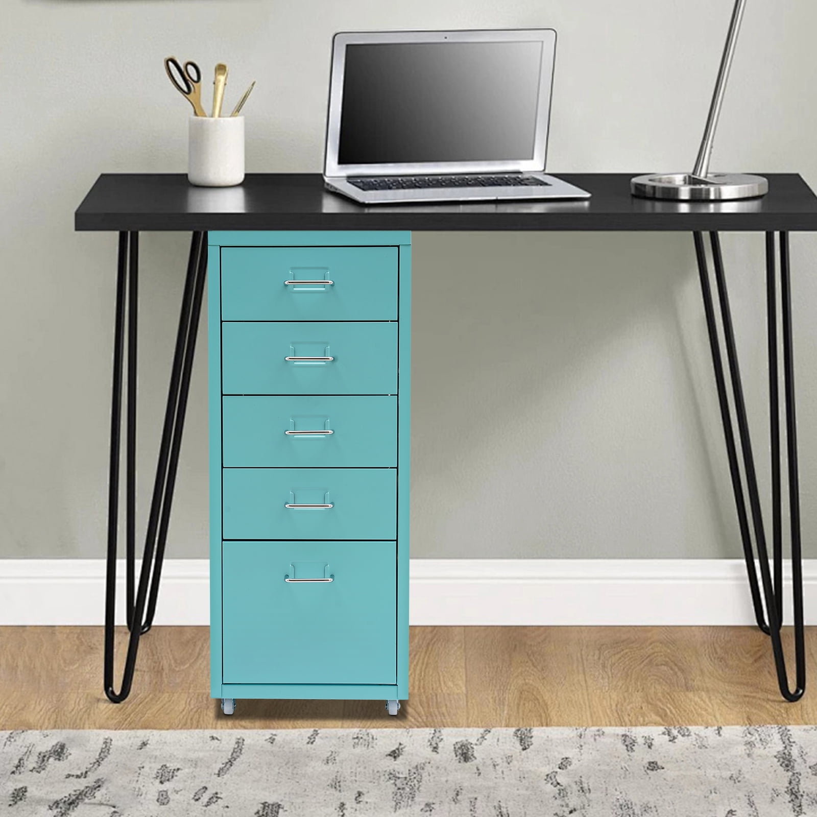 Miumaeov 5-Drawer Metal Storage Cabinet Movable File Cabinet with Wheels for Living Room Office Study  16" D x 11" W x 27" H