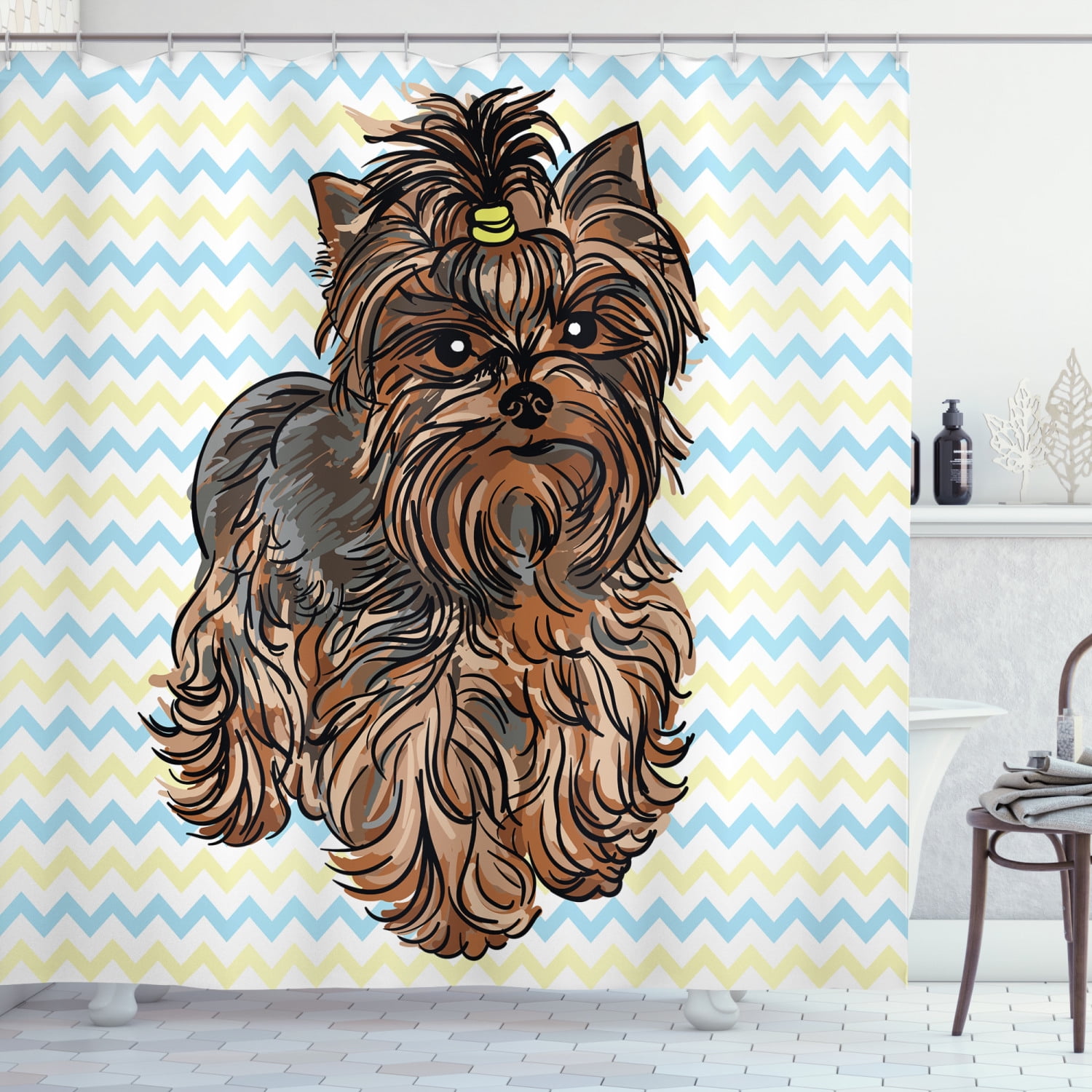 Yorkie Shower Curtain, Cute Brown Yorkie with Even Cuter Buckle on its