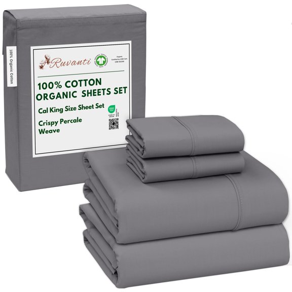 RUVANTI 100% Organic Cotton Sheets - California king Sheet Sets - 4 Piece Percale Weave Bedding, Crisp, Cooling & Breathable, Soft & Durable, 16" Deep Pocket, Hotel Quality Sábanas - Silver Filigree