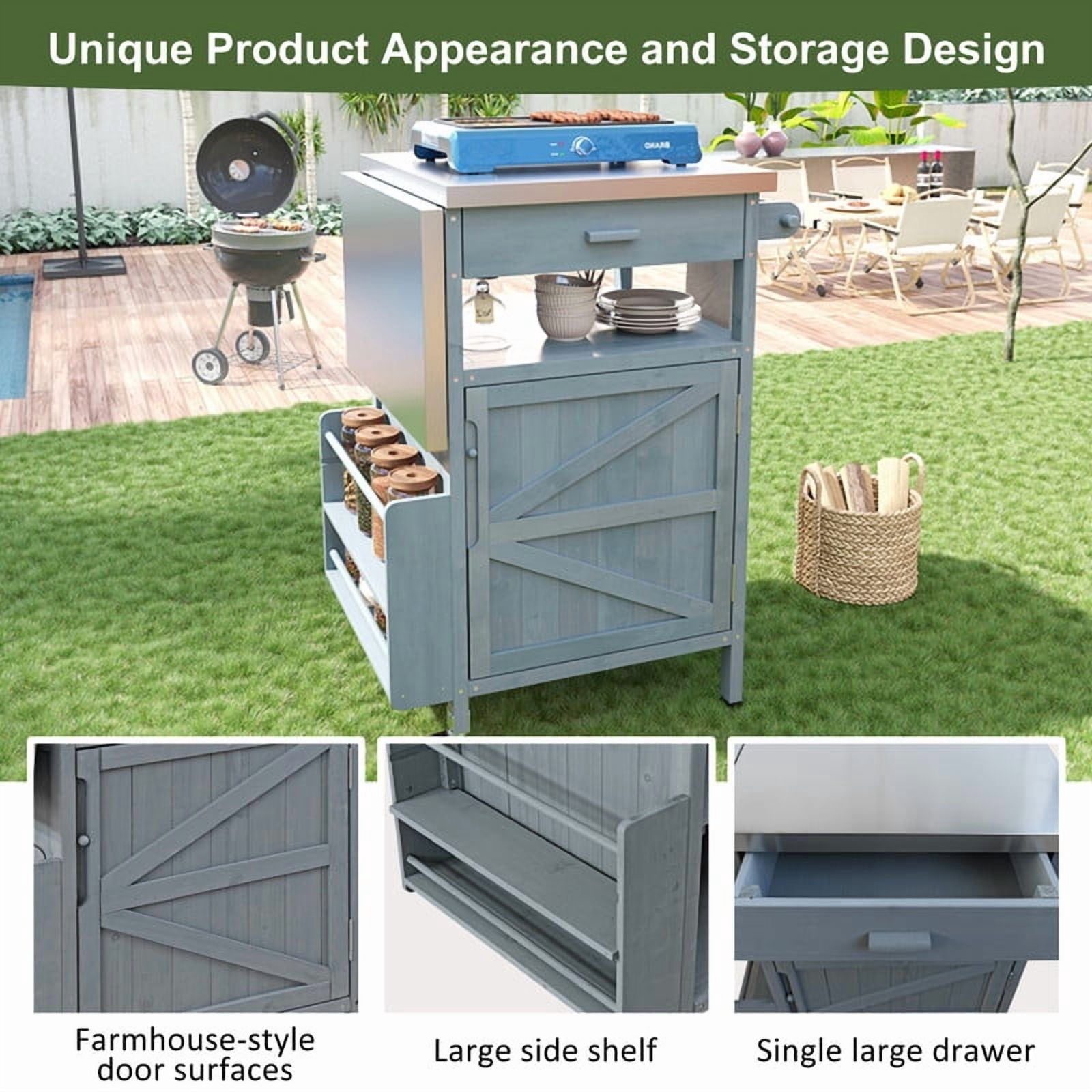 Outdoor Grill Cart with Stainless Steel Top, Wood Kitchen Island Storage Cabinet with Drop Leaf and 1 Drawer, Rolling Kitchen Cart with Lockable Wheels