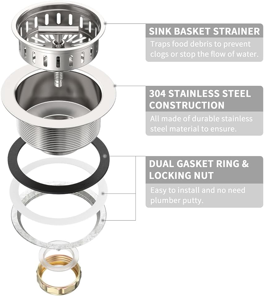 3-1/2 Inch Kitchen Sink Drain Strainer Assembly Made by All Stainless Steel with Strainer Basket/Drain Stopper, Replacement for Standard Commercial Drains