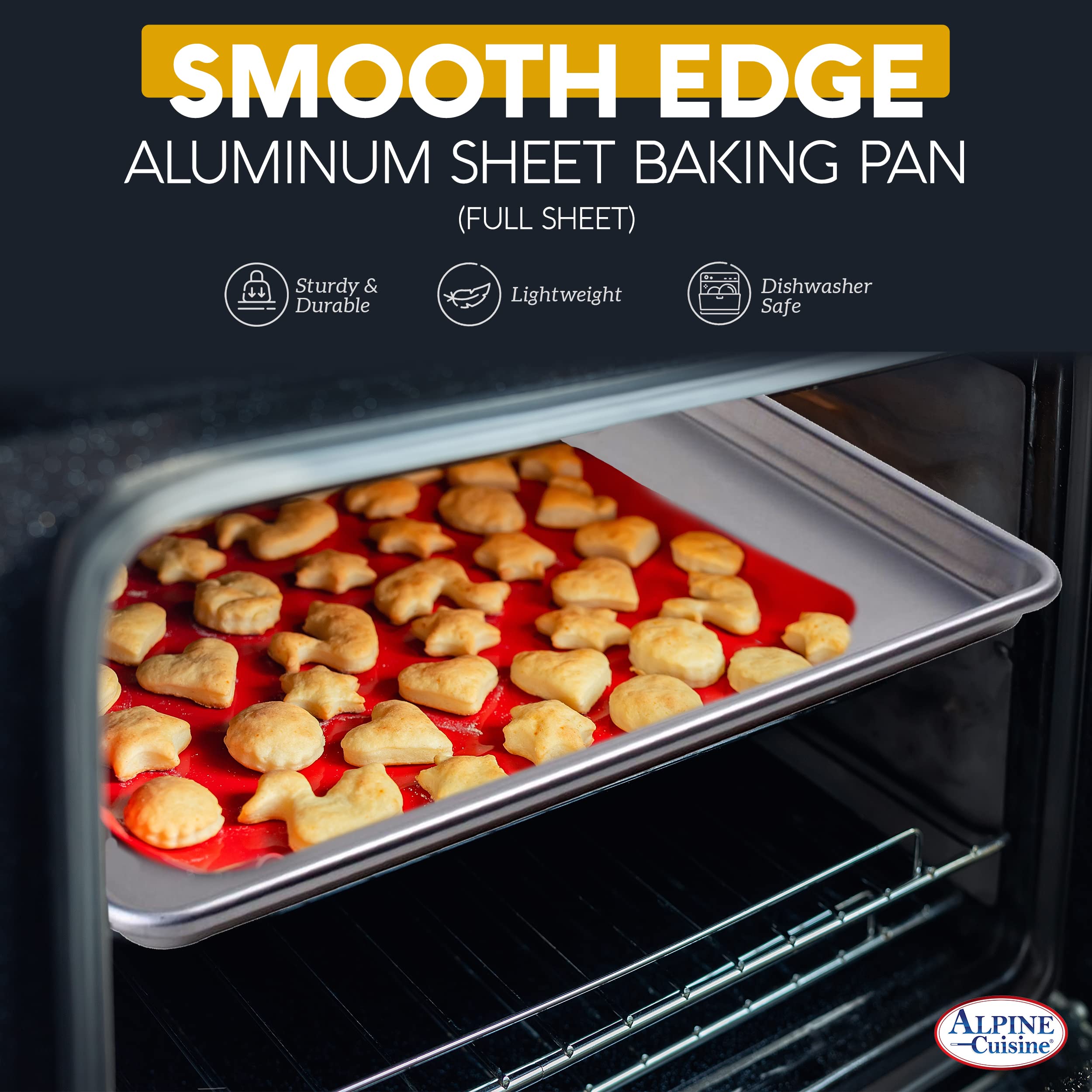 Alpine Cuisine Professional Full Aluminum Cookie Sheet 18x26-inch - Rimmed Baking Sheets for Oven - Durable, Oven-Safe, Easy to Clean, Commercial Quality - Great for Roasting & Baking