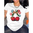 thumbnail image 1 of Camiseta informal para mujer con estampado de cerezas y globos, detalle de lazo, cuello redondo, manga corta, tejido de punto de algodón, cómoda camiseta de verano para todas las estaciones, ideal par, 1 of 7