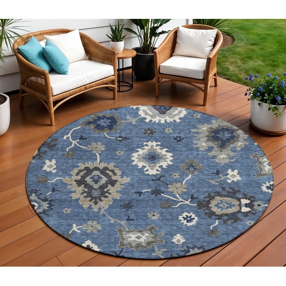 HomeRoots 584982 8 ft. Round Floral Washable Indoor & Outdoor Area Rug, Blue, Gray & White