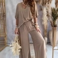 thumbnail image 3 of Xioeram 2 Pcs/Set Women Top Pants Set High Waist Solid Color Wide Leg Pleated Trousers V Neck Bat Sleeve Loose T-shirt Casual Commute Outfit Blouse Pants Set, 3 of 7