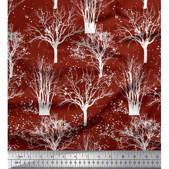 Soimoi Red Japan Crepe Satin Fabric Dry Tree Print Fabric by the Yard 42 Inch Wide
