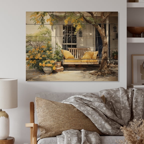 Designart "Country Comfort Farmhouse Yellow wall art III" Floral Print on Natural Pine Wood
