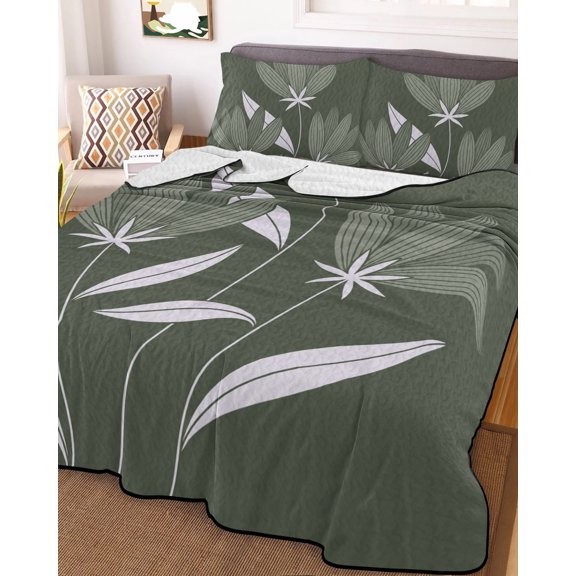 Full Quilt Bedding Set Green Leaf Plant Abstract Style Summer Quilt Lightweight Quilted Coverlet with 2 Pillow Shams, Modern Minimalist 3-Piece Bedspread Quilt Set for All Season