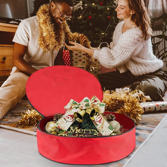 Sac de Couronnes de Noël des Fêtes Double Guirlande Artificielle Sac de Rangement Contenant de Rangement Imperméable Poignée Décoratif Saisons Jouets Maison Rouge