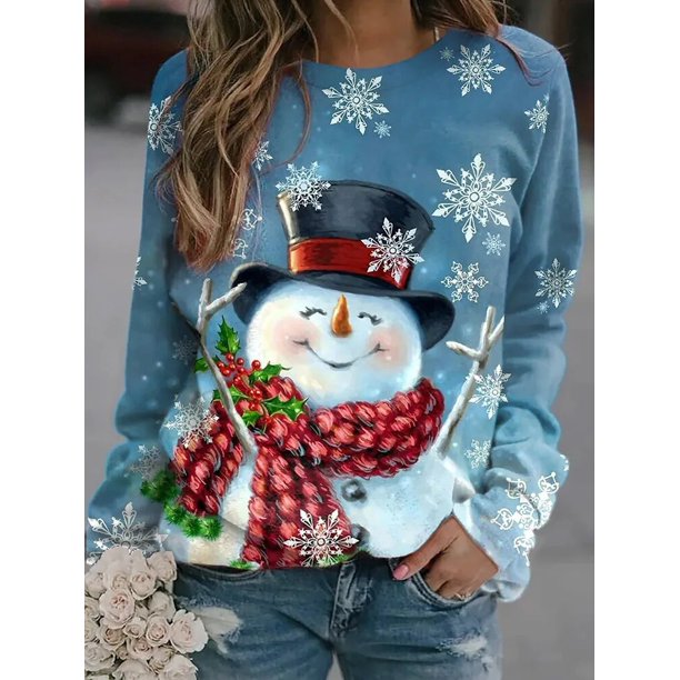 Chándales navideños con estampado 3d para mujer, sudaderas informales a la moda con cuello redondo, camisetas de manga larga para mujer, jersey de gran tamaño