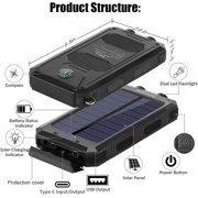 Solar Charger Power Bank, 8000mAh Portable Outdoor Waterproof Battery Charger, Camping External Backup Pack USB C Ports Input/Output, 2 Led Light Flashlight with Compass (Black)