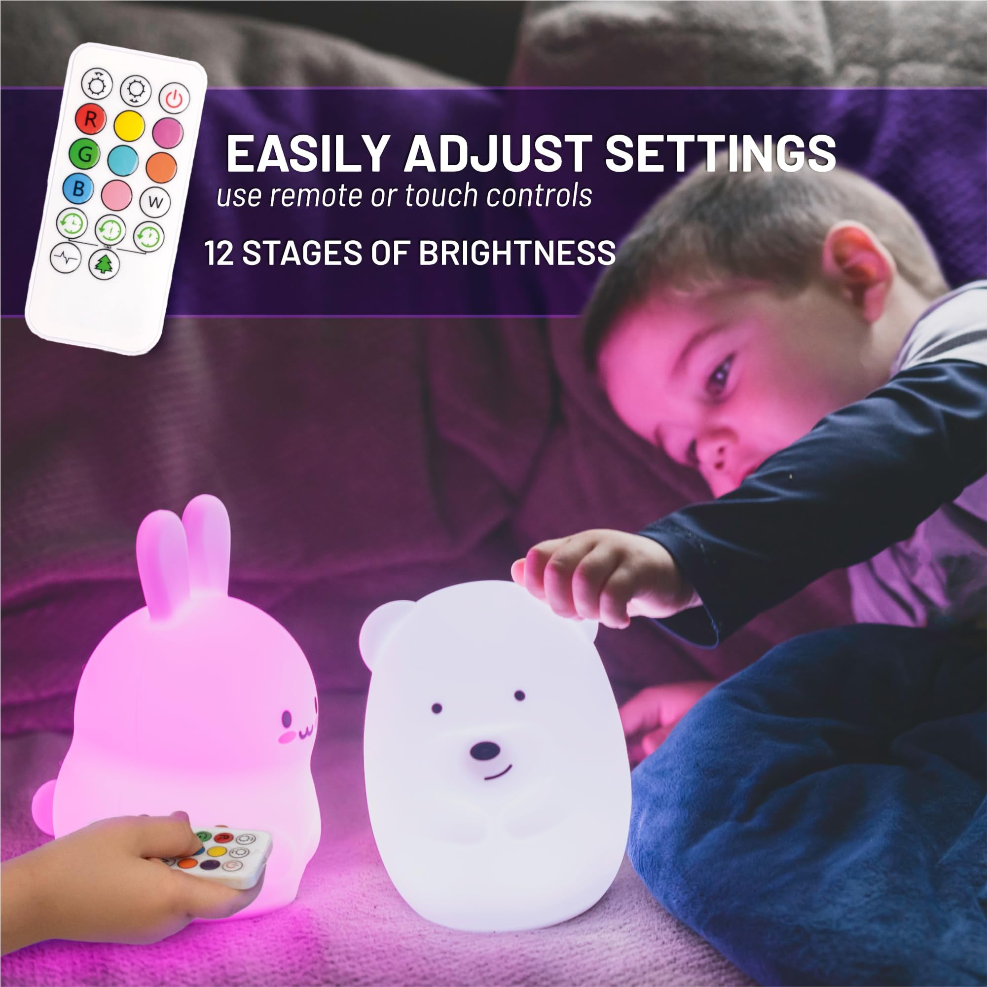 LumiPets Nursery Nightlight: Bear-Shaped Baby Nightlight - Rechargeable with Remote Bed, Sleep, Crib