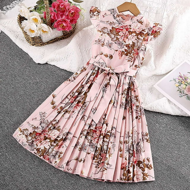 Robe Décontractée pour Filles Tout-Petits et Enfants – Robe d'Été Sans Manches à Encolure Fluide Plissée Imprimé Floral Ligne A Accrocheuse