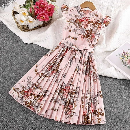 

children s clothing on sale Girl s Casual Dress Summer Scoop Flower Print Neck Sleeveless Flowy Print Plain Pleated Dress
