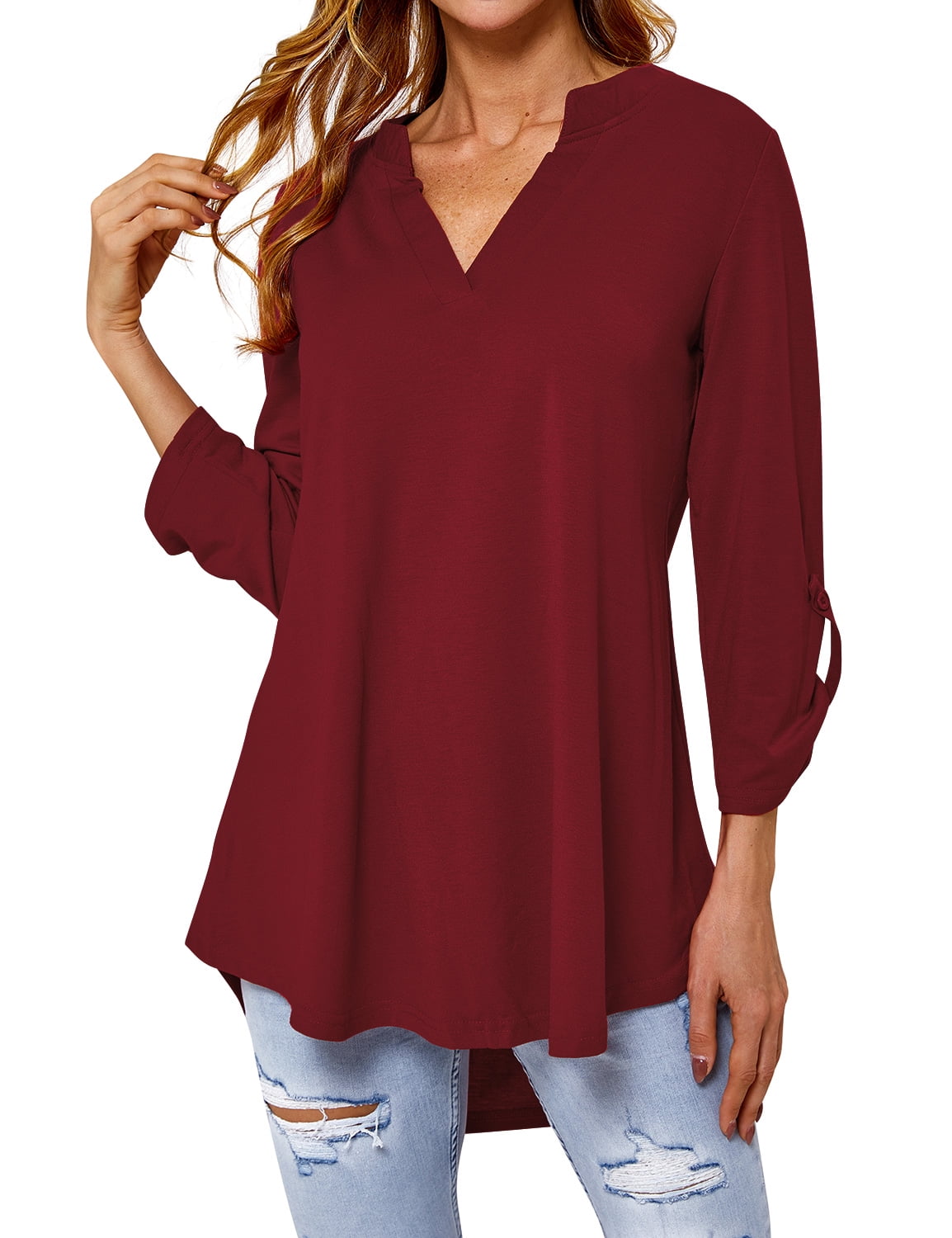 Women 3/4 Sleeve Notch V Neck Asymmetric Hem Shirt - Walmart.com