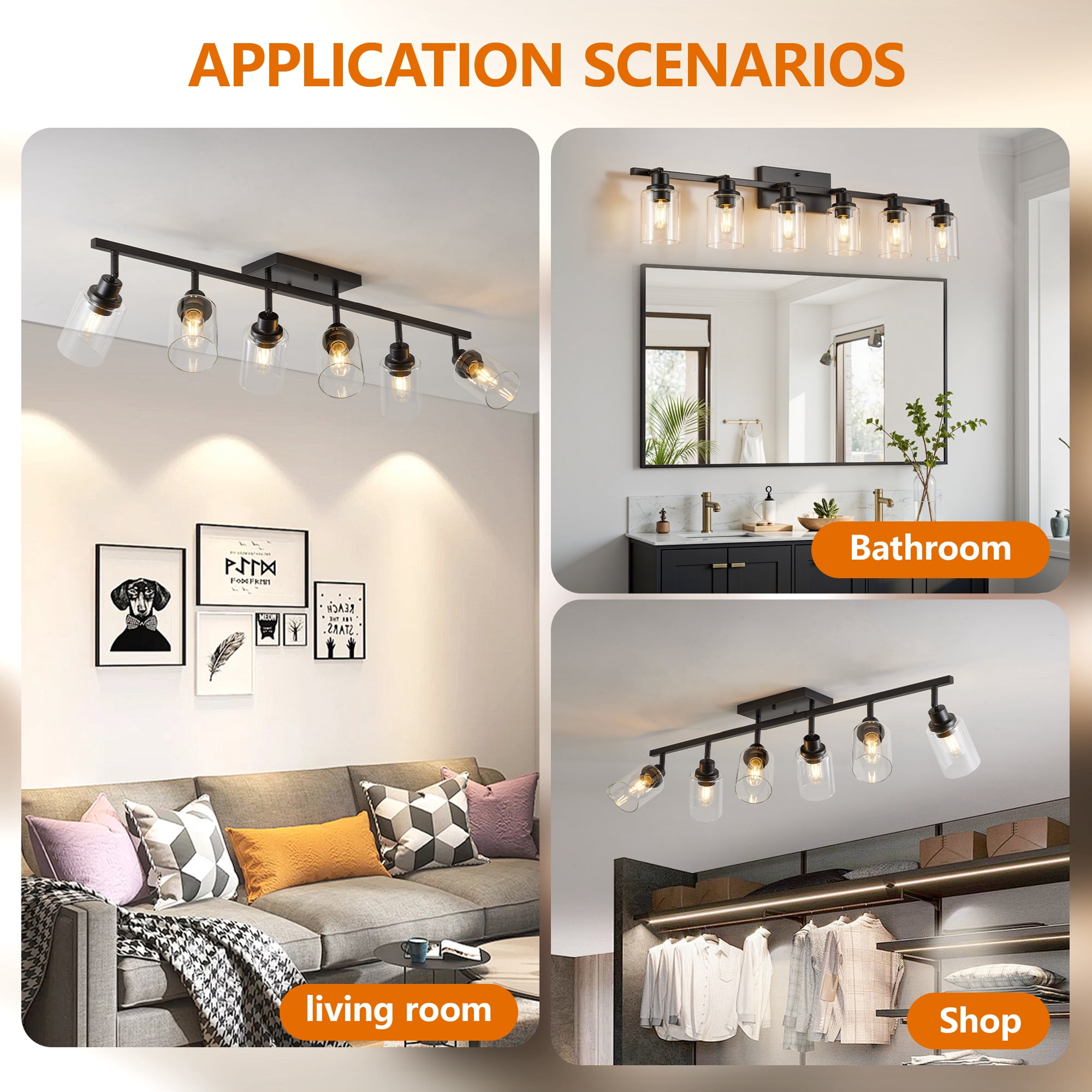 Leumius 6-Light Semi Flush Mount Ceiling Light, Adjustable Kitchen Light Fixtures Ceiling Mount with Clear Glass Shades, Rotatable Black Track Lighting Fixtures for Hallway, Foyer, Bedroom(No Bulbs)
