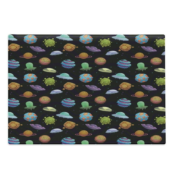 Space Cutting Board, UFOs and Planets Gas Giant Alien Environments Science Fiction Elements, Decorative Tempered Glass Cutting and Serving Board, Large Size, Multicolor, by Ambesonne