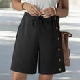 thumbnail image 2 of Women's Solid Color Casual 5-Inch Inseam Shorts, Mid Rise Elastic Waistband with Button Closure, Lightweight Relaxed Fit for Summer Outings, Lounging, or Beach Days, | CSEONE,Black M, 2 of 9