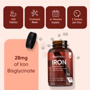 WeightWorld Iron Bisglycinate 28mg, Blood Health, Energy Supplement, Gentle Chelated Ferrous Bisglycinate, 400 tablets