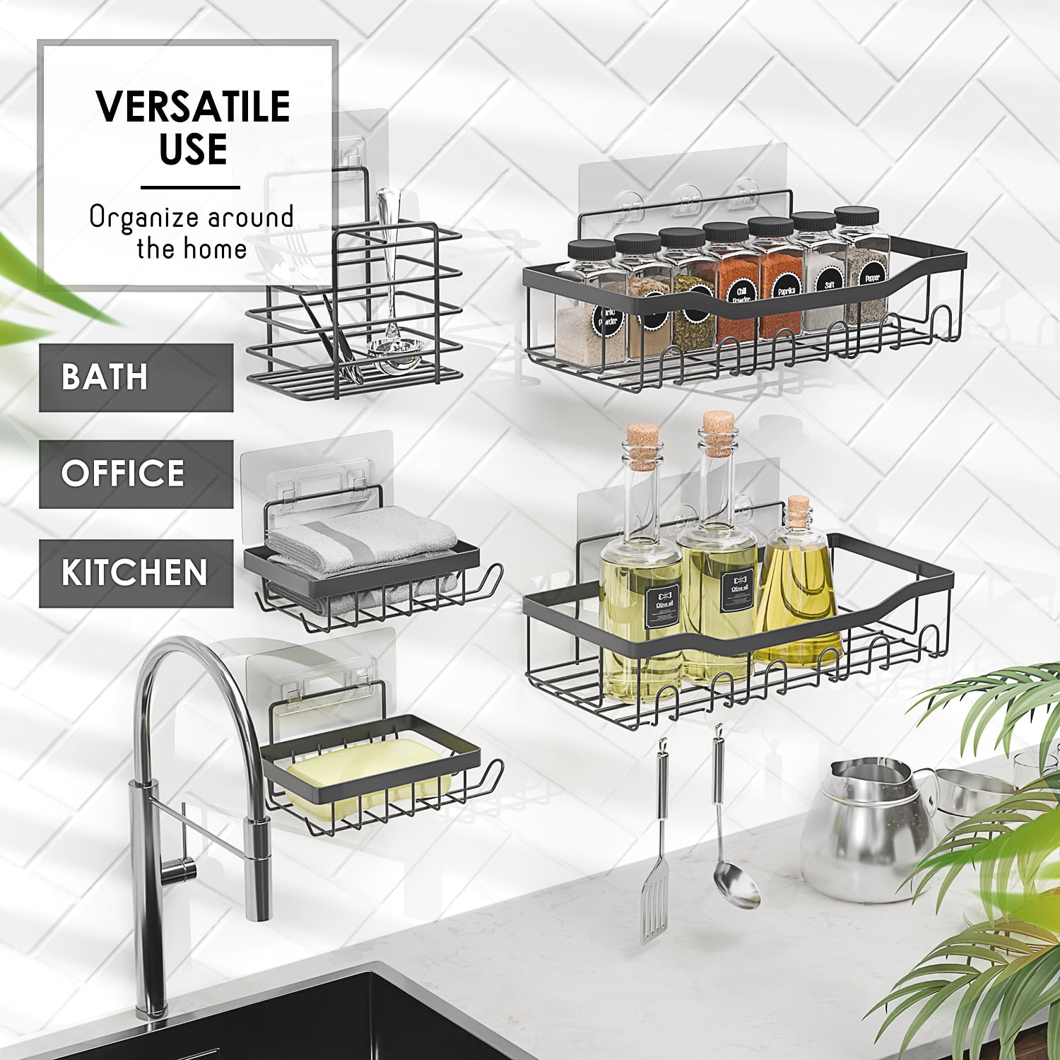 Virtu 5 Pack Adhesive Steel  Shower Caddy Organizer, Heavy Duty Stainless Steel Rustproof Shower Caddy, Gray