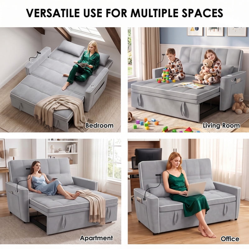 Anpport 54" 3‑in‑1 Convertible Sleeper Sofa Bed, Loveseat with White Trim, USB Charging Port, Phone Stand, 2 Cup Holders and 2 Pillows for Living Room, Bedroom and Apartment, Light Gray