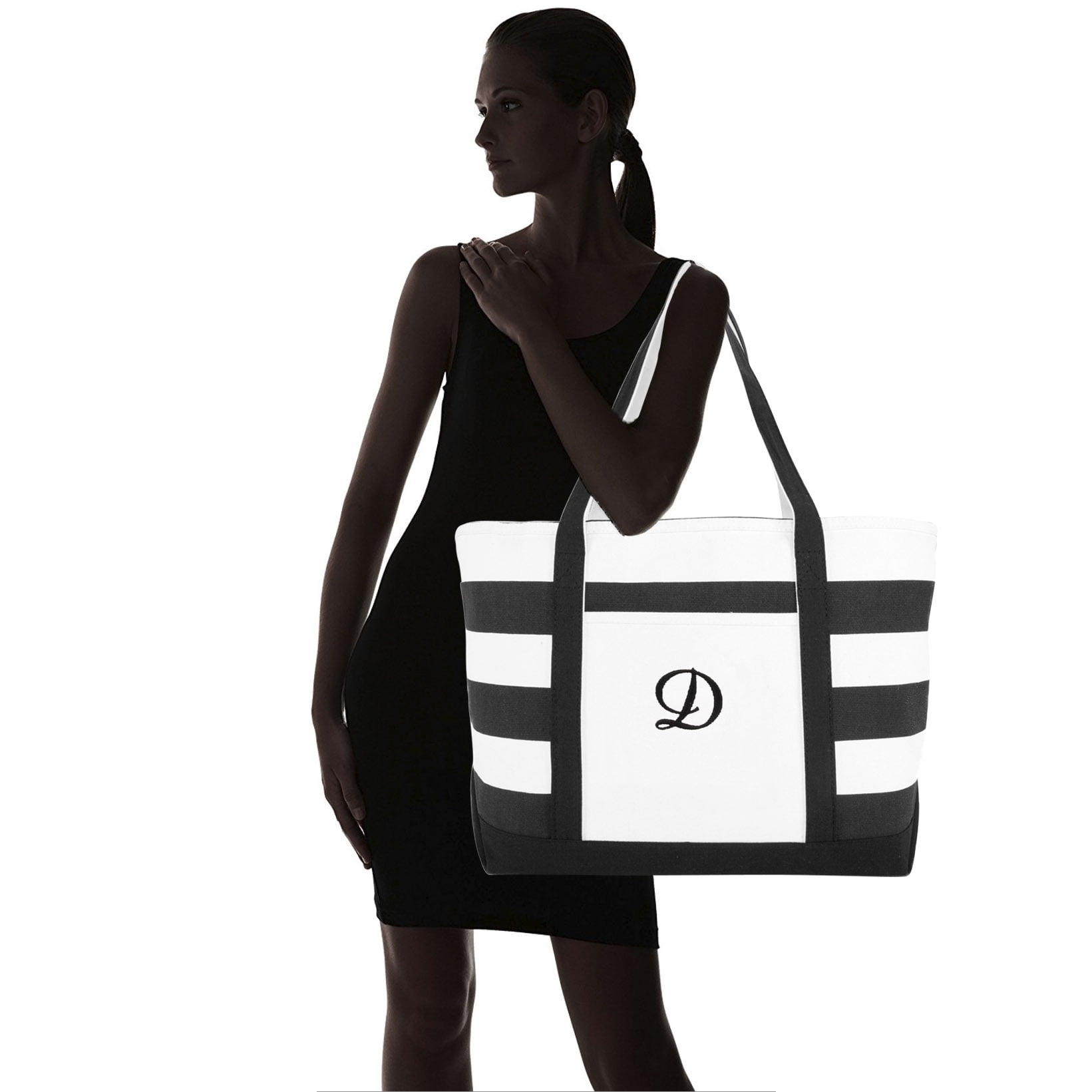 DALIX Striped Beach Bag Tote Bags Handbag Personalized Black Ballent Letter D