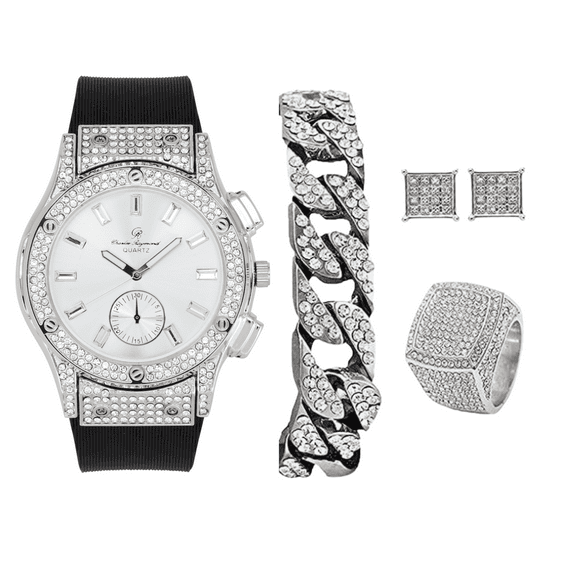 Bling-ed Out It's Lit! Hip Hop Watch & Jewerly Set w/Cuban Chain Bracelet, Kite Bling Earrings & Ring - GJM13 (10, ST10311 SB SLV)