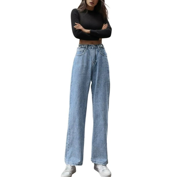 Gibobby Jeans Pantalones de mujer Pantalones de mezclilla Cintura desgastada Pantalones rectos vintage Pantalones casuales Pantalones de mujer de altura(Azul,CH)