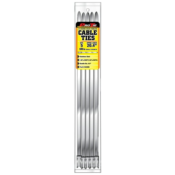 Pro Tie Narrow Stainless Steel Cable Ties for Indoor and Outdoor Use, 316 Marine Grade Stainless Steel | 20.4-Inch, 100 lbs. Tensile Strength, 5-Pack (PN: SS20N5)