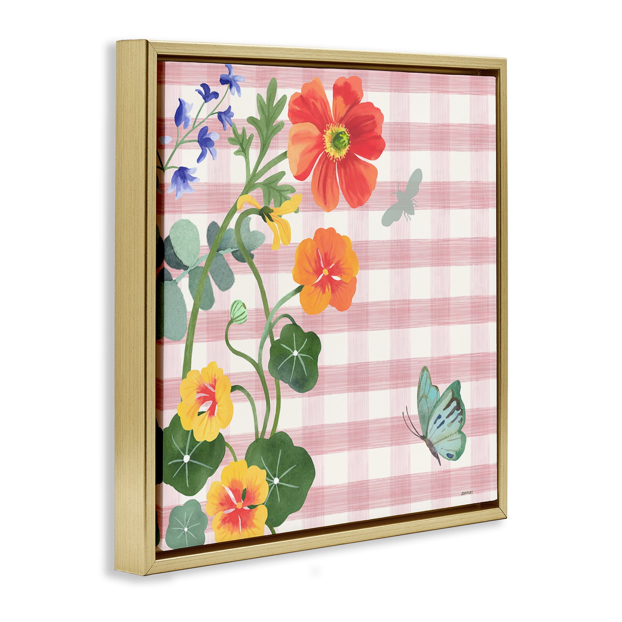 Stupell Industries Garden Poppies on Gingham Botanical & Floral Painting Gold Floater Framed Canvas Art Print Wall Art, 18 x 18