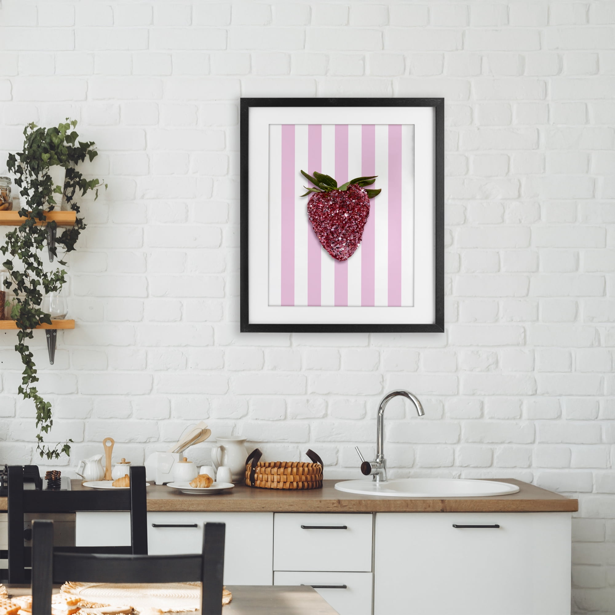 Stupell Industries Glimmer Strawberry on Green Stripes Black Framed Print Under Glass, design by LISH Creative