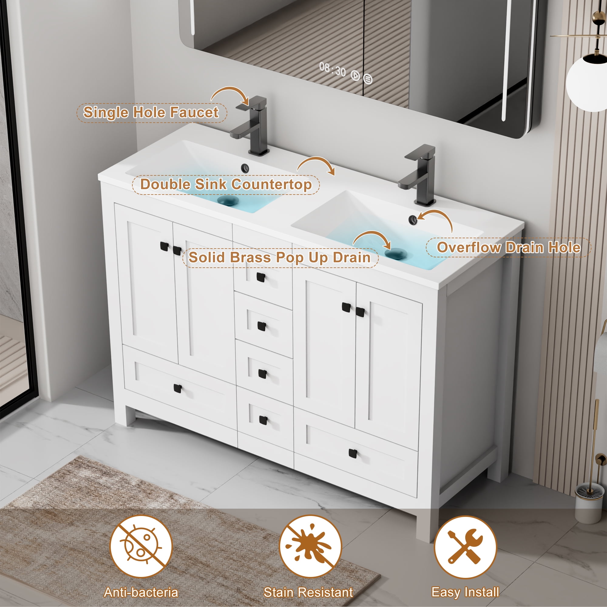 Eclife 48" Freestanding Bathroom Vanity Set with Resin Double Sink Top, PU Paint, Water Saving Faucet, White